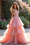 Pink Sweetheart Ruffled Tiered Prom Dress