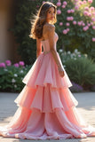 Pink Sweetheart Ruffled Tiered Prom Dress