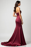 Strapless Burgundy Mermaid Satin Pleated Formal Dress