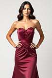 Strapless Burgundy Mermaid Satin Pleated Formal Dress