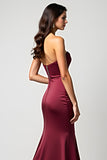 Strapless Burgundy Mermaid Satin Pleated Formal Dress