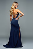 Navy Strapless Sheath Pleated Formal Dress with Slit