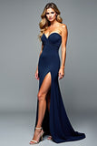 Navy Strapless Sheath Pleated Formal Dress with Slit