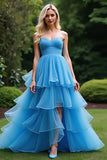 Blue A Line Sweetheart Ruffled Prom Dress