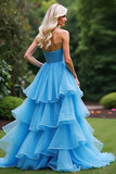 Blue A Line Sweetheart Ruffled Prom Dress