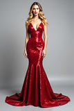 Red Mermaid Spaghetti Straps Sequined Prom Dress