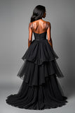 Black Ruffled Spaghetti Straps A Line Formal Dress