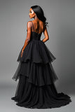 Black Ruffled Spaghetti Straps A Line Formal Dress