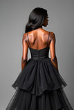 Black Ruffled Spaghetti Straps A Line Formal Dress