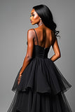 Black Ruffled Spaghetti Straps A Line Formal Dress