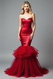 Red Mermaid Strapless Satin Tulle Prom Dress