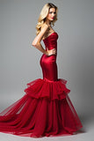 Red Mermaid Strapless Satin Tulle Prom Dress