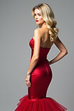 Red Mermaid Strapless Satin Tulle Prom Dress