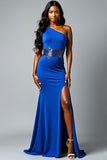 Royal Blue One Shoulder Sheath Sequins Formal Dress with Slit