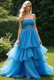 A Line Blue Strapless Ruffled Tiered Prom Dress