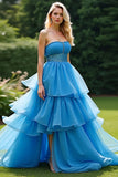 A Line Blue Strapless Ruffled Tiered Prom Dress