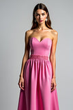 Fuchsia A Line Strapless Ruched Prom Dress