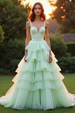 Green A Line Sweetheart Tiered Ruffled Prom Dress