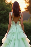 Green A Line Sweetheart Tiered Ruffled Prom Dress