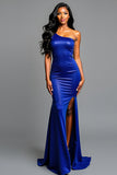 One Shoulder Sheath Royal Blue Prom Dress with Slit