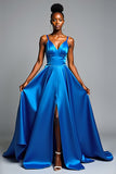 Royal Blue A Line Spaghetti Straps Satin Formal Dress with Slit