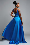 Royal Blue A Line Spaghetti Straps Satin Formal Dress with Slit