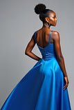 Royal Blue A Line Spaghetti Straps Satin Formal Dress with Slit