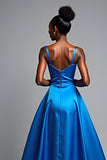 Royal Blue A Line Spaghetti Straps Satin Formal Dress with Slit