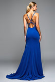 Sparkly Beaded Spaghetti Straps Royal Blue A Line Formal Dress