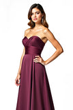 Burgundy A Line Pleated Strapless Formal Dress