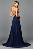 Spaghetti Straps Pleated Navy Sheath Formal Dress with Slit