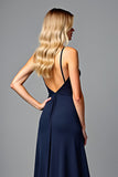 Spaghetti Straps Pleated Navy Sheath Formal Dress with Slit