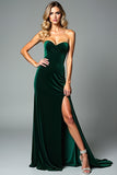 Velvet Dark Green Strapless Sheath Formal Dress with Slit