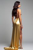 Golden Sheath Halter Long Prom Dress with Slit