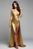 Golden Sheath Halter Long Prom Dress with Slit