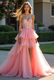 Pink Tulle Tiered Strapless Beaded Prom Dress with Slit