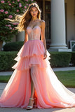 Pink Tulle Tiered Strapless Beaded Prom Dress with Slit