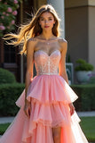 Pink Tulle Tiered Strapless Beaded Prom Dress with Slit