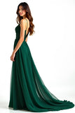 A Line Dark Green Spaghetti Straps Long Wedding Guest Dress