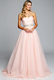 Light Pink Strapless A Line Tulle Prom Dress with Beading