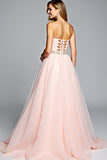 Light Pink Strapless A Line Tulle Prom Dress with Beading