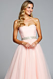 Light Pink Strapless A Line Tulle Prom Dress with Beading