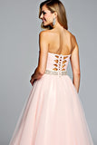 Light Pink Strapless A Line Tulle Prom Dress with Beading