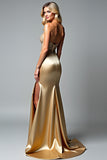 Golden Strapless Beaded Mermaid Prom Dress with Slit