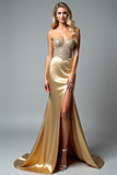 Golden Strapless Beaded Mermaid Prom Dress with Slit