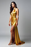 Halter Golden Sheath Beaded Prom Dress with Slit