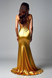 Halter Golden Sheath Beaded Prom Dress with Slit