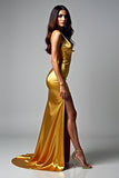 Halter Golden Sheath Beaded Prom Dress with Slit