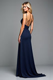 A Line Navy Spaghetti Straps Long Wedding Guest Dress