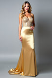 Sparkly Strapless Beaded Golden Sheath Prom Dress